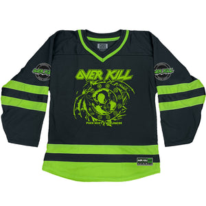 Overkill 'Believe in the Fight' hockey jersey in black and neon green front view