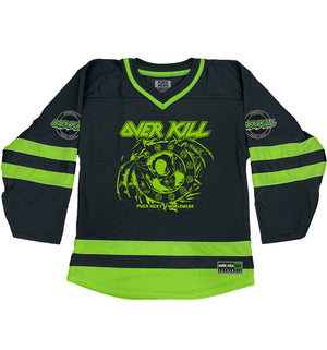 Overkill 'Believe in the Fight' hockey jersey in black and neon green front view