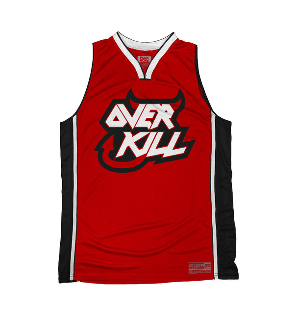 OVERKILL 'DEVIL BY THE TAIL' sleeveless basketball jersey in black, red, and white front view
