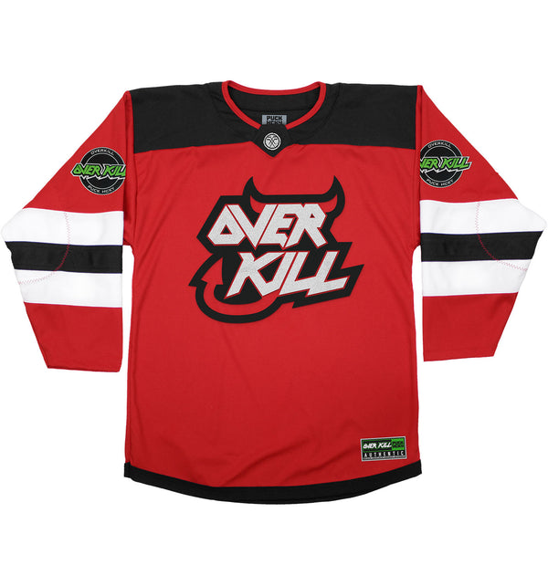 OVERKILL 'DEVIL BY THE TAIL' hockey jersey in red, black, and white front view