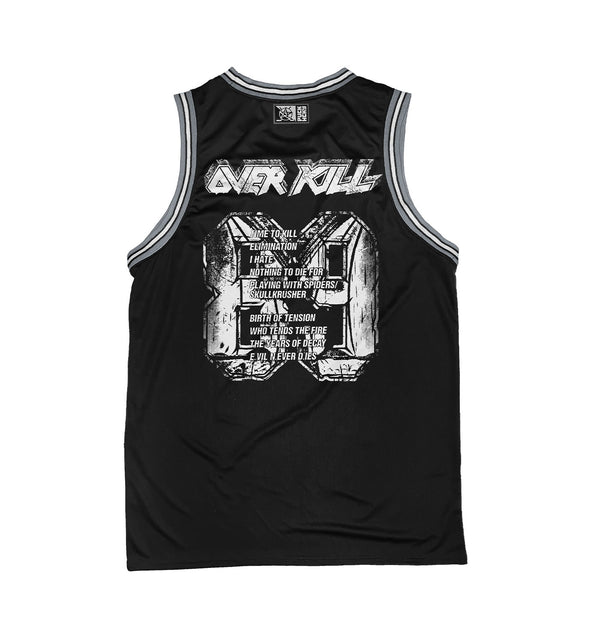 OVERKILL 'THE YEARS OF DECAY' sleeveless basketball jersey in black, grey, and white back view