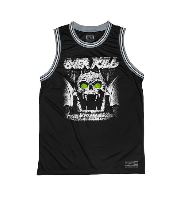 OVERKILL 'THE YEARS OF DECAY' sleeveless basketball jersey in black, grey, and white front view