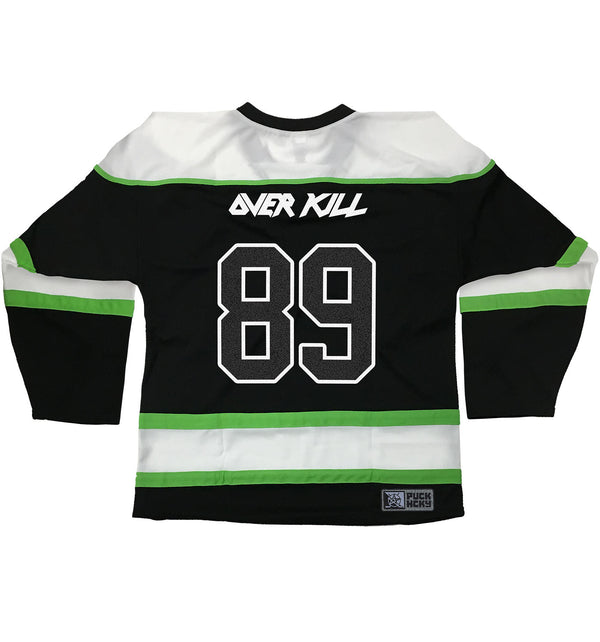 OVERKILL 'THE YEARS OF DECAY' hockey jersey in black, white, and lime green back view