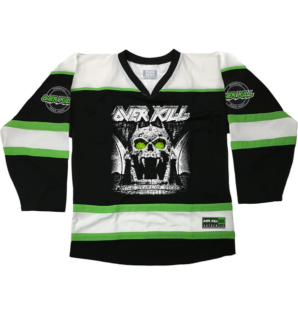 OVERKILL 'THE YEARS OF DECAY' hockey jersey in black, white, and lime green front view