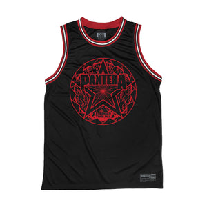 PANTERA 'HELLBOUND' sleeveless basketball jersey in black, red, and white front view