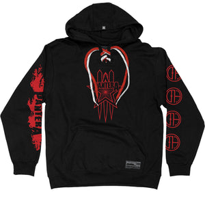 PANTERA 'HELLBOUND' laced pullover hockey hoodie in black with red and white hockey laces front view