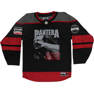 PANTERA 'A VULGAR DISPLAY' hockey jersey in black, charcoal grey, and red front view