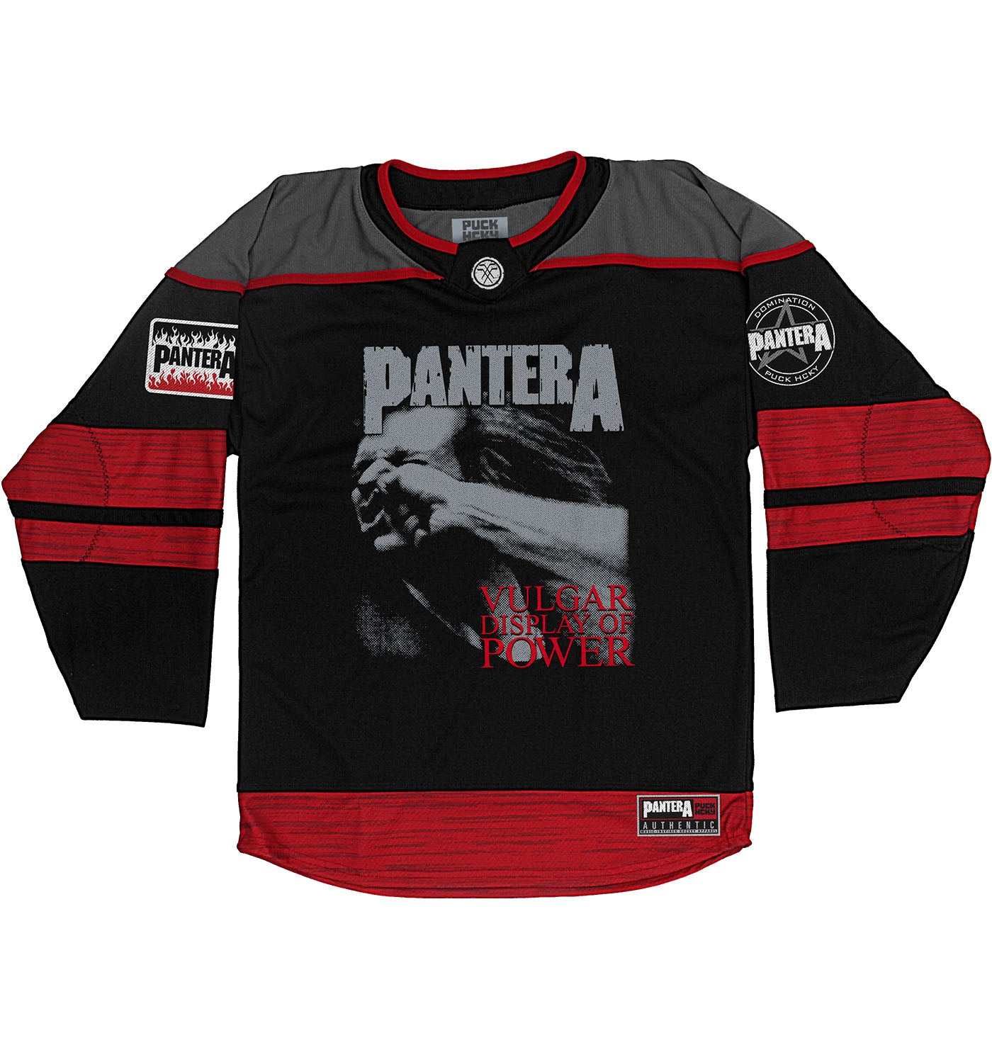 PANTERA 'A VULGAR DISPLAY' hockey jersey in black, charcoal grey, and red front view