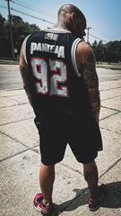 PANTERA 'A VULGAR DISPLAY' sleeveless summer league jersey in black, grey, and white back view on model