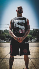 PANTERA 'A VULGAR DISPLAY' sleeveless summer league jersey in black, grey, and white front view on model