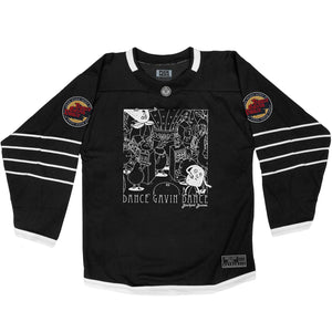 DANCE GAVIN DANCE 'JACKPOT JUICER' hockey jersey in black and white front view