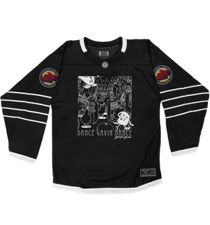 DANCE GAVIN DANCE 'JACKPOT JUICER' hockey jersey in black and white front view
