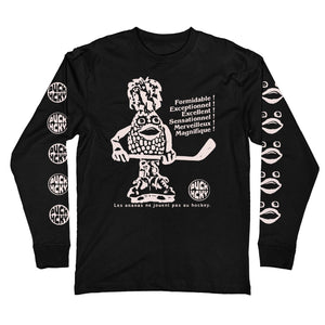 PUCK HCKY 'Ananas' long sleeve hockey t-shirt in black front view