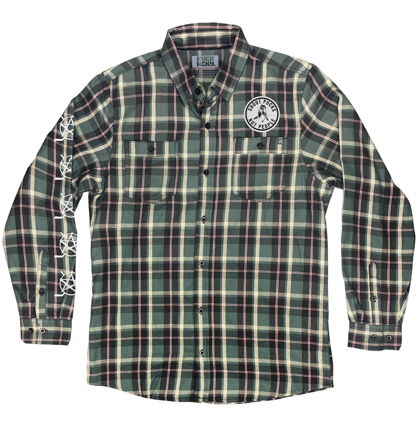 PUCK HCKY 'BIG SKATE' lightweight hockey flannel in grey and ecru plaid front view