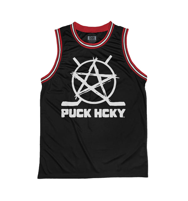 PUCK HCKY 'BIG STAR' sleeveless basketball jersey in black, red, and white front view