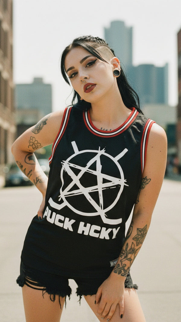 PUCK HCKY 'BIG STAR' sleeveless basketball jersey in black, red, and white on model