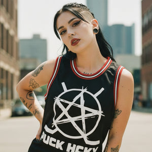PUCK HCKY 'BIG STAR' sleeveless basketball jersey in black, red, and white on model
