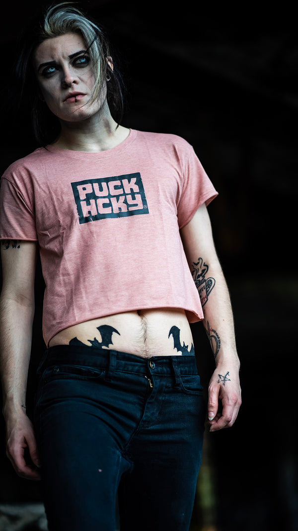 PUCK HCKY 'BOX' women's hockey crop top in pink on model