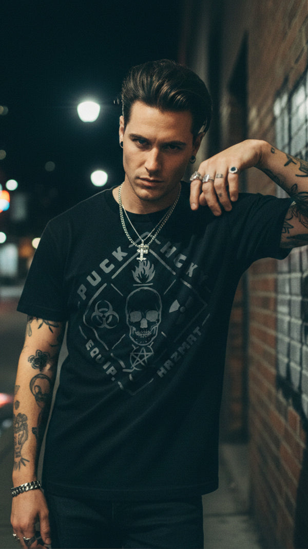 PUCK HCKY 'EQUIPMENT HAZMAT' short sleeve hockey t-shirt in black front view on model