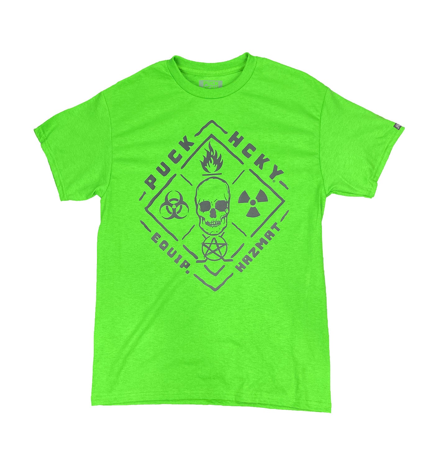 PUCK HCKY 'EQUIPMENT HAZMAT' short sleeve hockey t-shirt in electric green front view