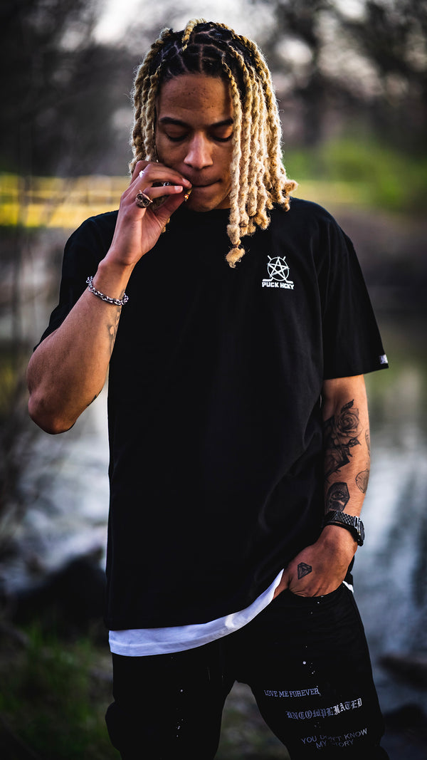 PUCK HCKY ‘HAT TRICK’ short sleeve basic black hockey t-shirt 3-pack front view on model