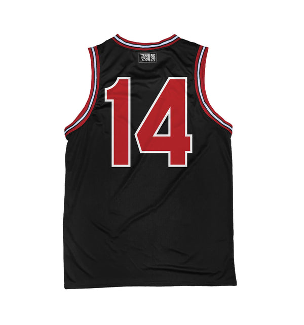 PUCK HCKY 'LAMP LIGHTERS UNION' sleeveless basketball jersey in black, red, and white back view