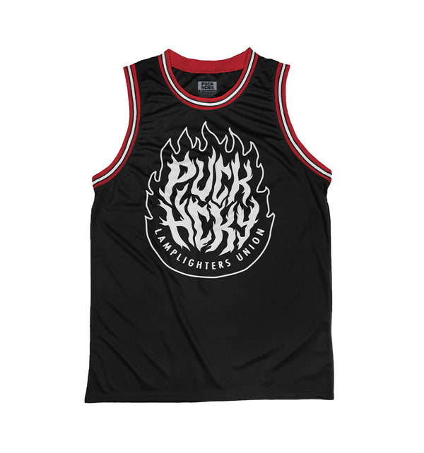 PUCK HCKY 'LAMP LIGHTERS UNION' sleeveless basketball jersey in black, red, and white front view