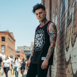 PUCK HCKY 'LAMP LIGHTERS UNION' sleeveless basketball jersey in black, red, and white on model