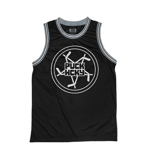 PUCK HCKY 'PENTASTICK' sleeveless basketball jersey in black, grey, and white front view