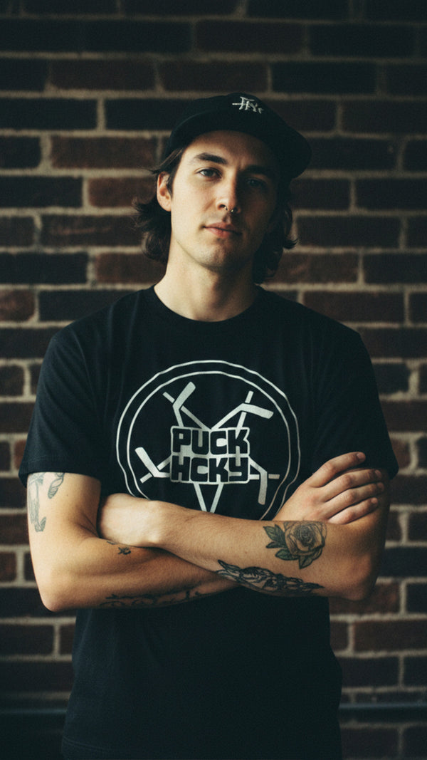 PUCK HCKY 'PENTASTICK' short sleeve hockey t-shirt in black on model