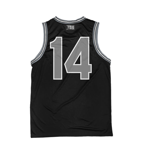 PUCK HCKY 'RIB CAGE' sleeveless basketball jersey in black, grey, and white back view