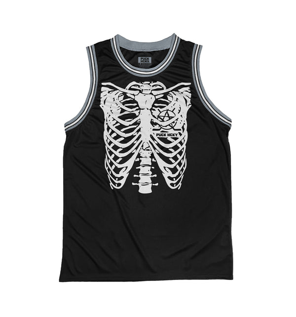 PUCK HCKY 'RIB CAGE' sleeveless basketball jersey in black, grey, and white front view