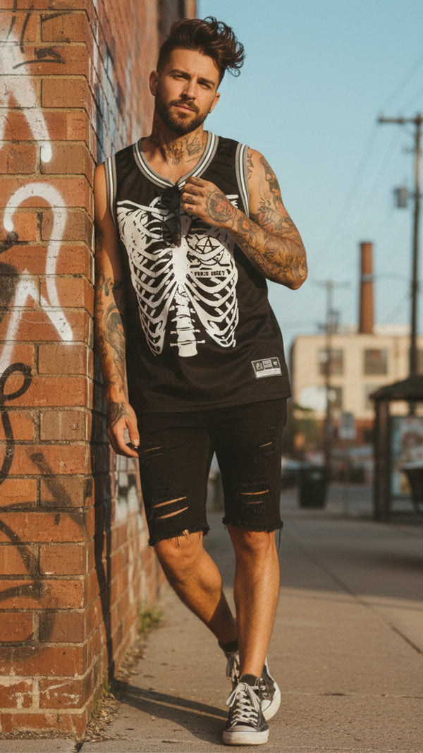 PUCK HCKY 'RIB CAGE' sleeveless basketball jersey in black, grey, and white on model