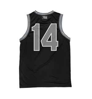 PUCK HCKY 'SHOOT PUCKS NOT PEOPLE - DRIPPY SCRIPT' sleeveless basketball jersey in black, grey, and white back view