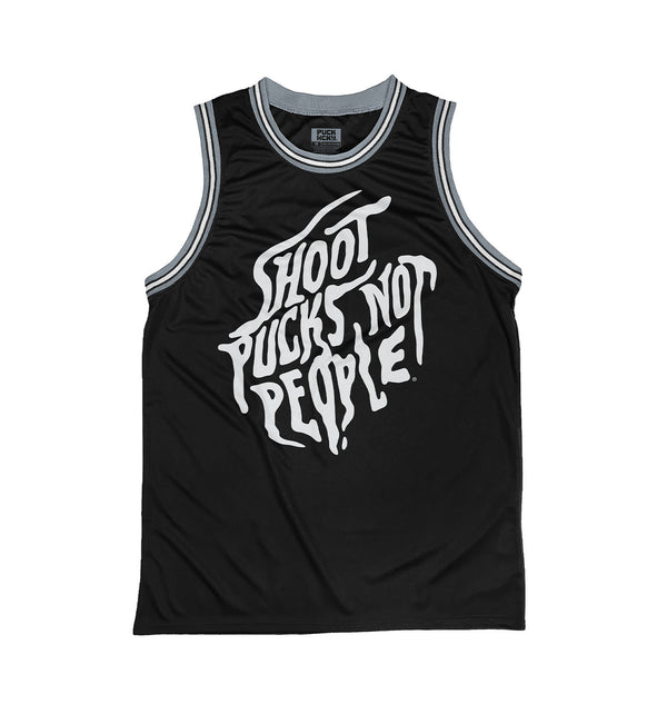 PUCK HCKY 'SHOOT PUCKS NOT PEOPLE - DRIPPY SCRIPT' sleeveless basketball jersey in black, grey, and white front view