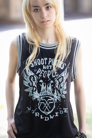 PUCK HCKY 'Shoot Pucks Not People - Eagle Worldwide' sleeveless basketball jersey in black, grey, and white front view on model