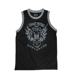PUCK HCKY 'Shoot Pucks Not People - Eagle Worldwide' sleeveless basketball jersey in black, grey, and white front view