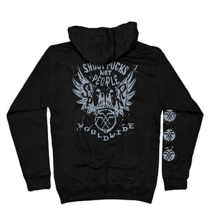 PUCK HCKY 'Shoot Pucks Not People - Eagle Worldwide' pullover hockey hoodie in black back view
