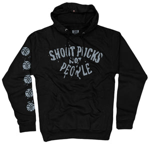 PUCK HCKY 'Shoot Pucks Not People - Eagle Worldwide' pullover hockey hoodie in black front view