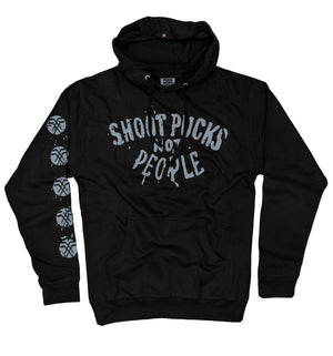 PUCK HCKY 'Shoot Pucks Not People - Eagle Worldwide' pullover hockey hoodie in black front view