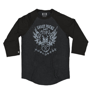 PUCK HCKY 'Shoot Pucks Not People - Eagle Worldwide' raglan in graphite heather with black sleeves