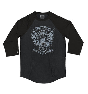 PUCK HCKY 'Shoot Pucks Not People - Eagle Worldwide' raglan in graphite heather with black sleeves