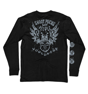 PUCK HCKY 'Shoot Pucks Not People - Eagle Worldwide' long sleeve hockey t-shirt in black back view
