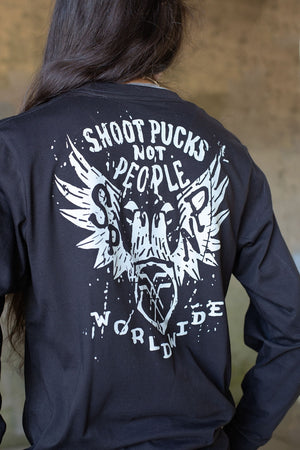 PUCK HCKY 'Shoot Pucks Not People - Eagle Worldwide' long sleeve hockey t-shirt in black back view on model