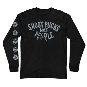 PUCK HCKY 'Shoot Pucks Not People - Eagle Worldwide' long sleeve hockey t-shirt in black front view