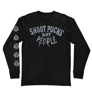 PUCK HCKY 'Shoot Pucks Not People - Eagle Worldwide' long sleeve hockey t-shirt in black front view