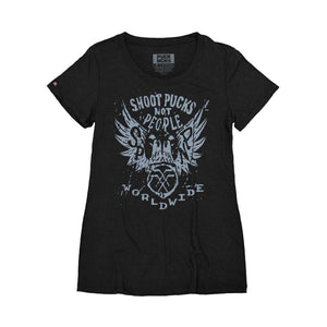 PUCK HCKY 'Shoot Pucks Not People - Eagle Worldwide' women's short sleeve t-shirt in black