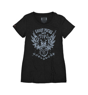 PUCK HCKY 'Shoot Pucks Not People - Eagle Worldwide' women's short sleeve t-shirt in black