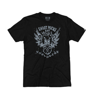PUCK HCKY 'Shoot Pucks Not People - Eagle Worldwide' short sleeve t-shirt in black