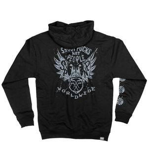 PUCK HCKY ‘Shoot Pucks Not People - Eagle Worldwide’ full zip hockey hoodie in black back view
